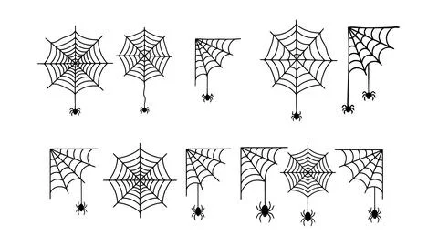 Set of spider web line art icons design elements and spooky decorations Stock Illustration