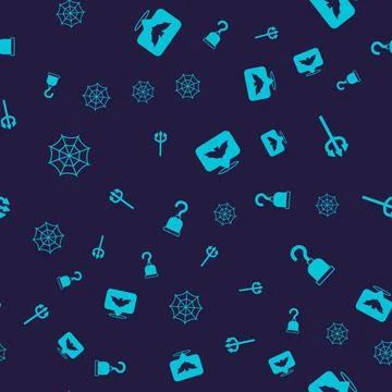 Set Spider web, Trident devil, Flying bat and Pirate hook on seamless pattern Illustrazione stock