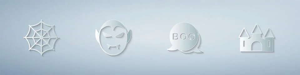 Set Spider web, Vampire, Boo speech bubble and Castle. Paper art style. Vector Stock Illustration