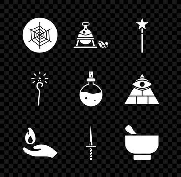 Set Spider web, Witch cauldron and magic stone, Magic wand, Hand holding fi.. Stock Illustration