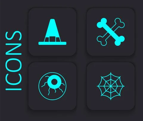 Set Spider web, Witch hat, Crossed bones and Eye icon. Black square button Stock Illustration