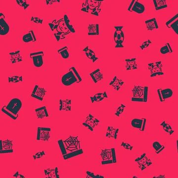 Set Spider web, Witch, Tombstone with RIP written and Candy on seamless pattern Stock Illustration