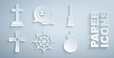 Set Spider web, Witches broom, Tombstone with cross, Bomb ready explode, Pump 스톡 일러스트
