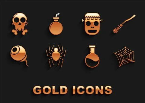 Set Spider, Witches broom, web, Bottle with potion, Eye, Zombie mask, Skull Stock-Illustration