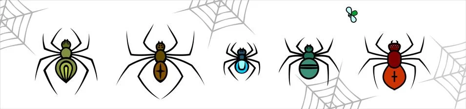 Set Of Spiders In Different Sizes And Colors. For Decoration, Halloween, Text Stock Illustration