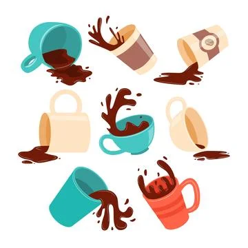 Set of Spilled Coffee Cup Mug Set Collection, Coffee Stain Splash Illustrat.. Stock Illustration