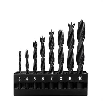 Set of spiral drills bit various sizes for woodwork. Fotos de archivo