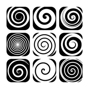 Set of spiral motion elements, black isolated objects, different brush texture Stock Illustration