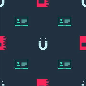 Set Spiral notebook, Magnet and Online class on seamless pattern. Vector Stock Illustration