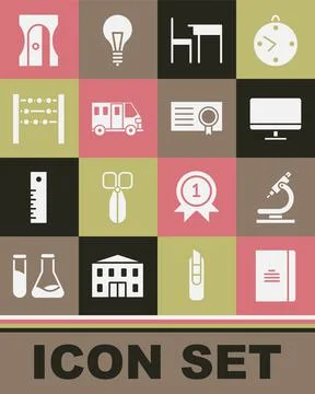 Set Spiral notebook, Microscope, Computer monitor screen, School table and chair Ilustración de archivo