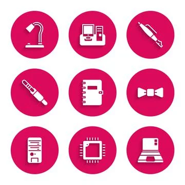 Set Spiral notebook, Processor with CPU, Laptop, Bow tie, Computer, Audio jack 库存插图