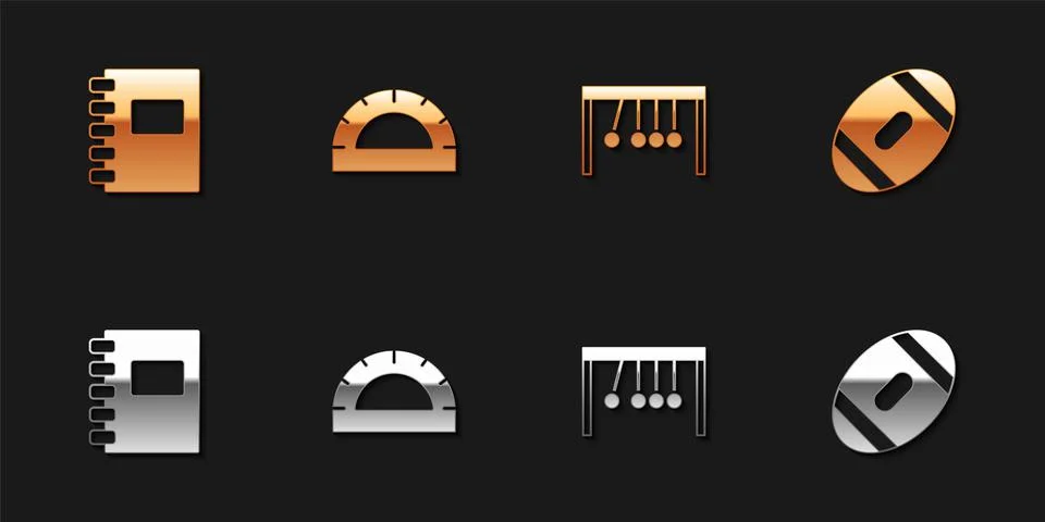 Set Spiral notebook, Protractor grid, Pendulum and American Football ball icon Illustrazione stock