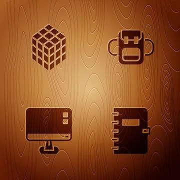 Set Spiral notebook, Rubik cube, Computer monitor screen and School backpack on Stock-Illustration