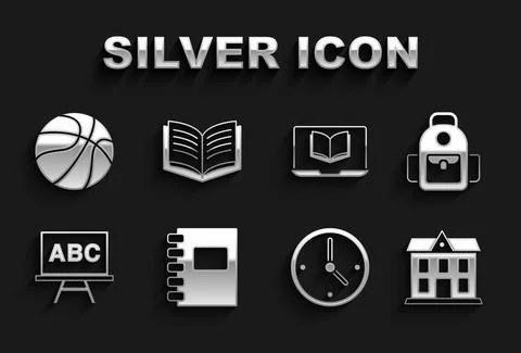 Set Spiral notebook, School backpack, building, Clock, Chalkboard, Online class Ilustración de archivo