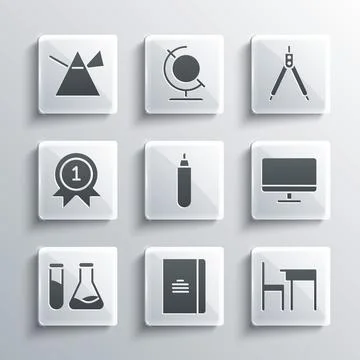 Set Spiral notebook, School table and chair, Computer monitor screen, Marker pen Stock Illustration