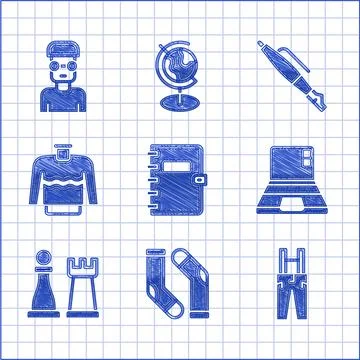 Set Spiral notebook, Socks, Pants with suspenders, Laptop, Chess, Sweater Stock Illustration