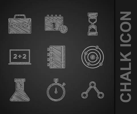 Set Spiral notebook, Stopwatch, Molecule, Solar system, Test tube and flask 库存插图