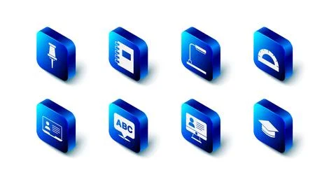 Set Spiral notebook, Table lamp, Protractor grid, Graduation cap, Online class Stock Illustration