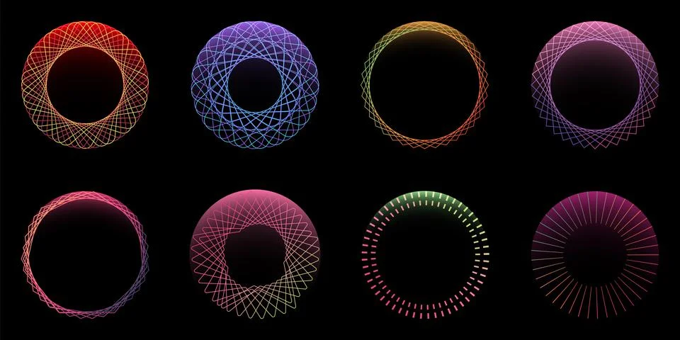 Set of spirograph effect circles spiral elements isolated on black background Stock Illustration