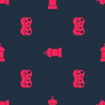 Set Sponge and Bottle for cleaning agent on seamless pattern. Vector Illustrazione stock