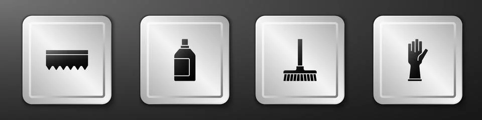 Set Sponge, Bottle for cleaning agent, Handle broom and Rubber gloves icon Illustration