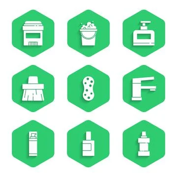 Set Sponge, Bottle for cleaning agent, Water tap, Shaving gel foam, Handle broom Illustration