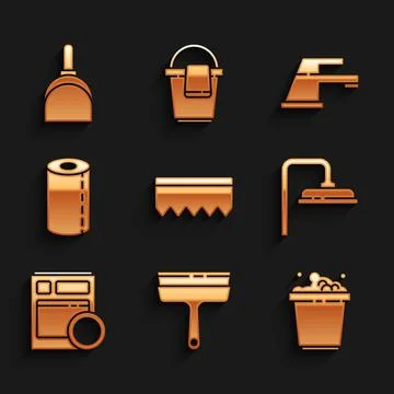Set Sponge with bubbles, Rubber cleaner for windows, Bucket soap suds, Shower Stock Illustration