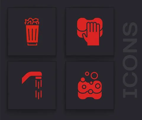 Set Sponge, Full trash can, Cleaning service and Shower head icon. Vector Stock Illustration
