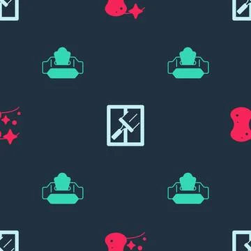 Set Sponge, Rubber cleaner for windows and Wet wipe pack on seamless patter.. Stock Illustration