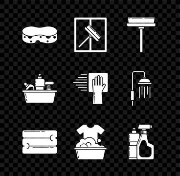 Set Sponge Squeegee scraper wiper Towel stack Plastic basin with soap suds bo 스톡 일러스트