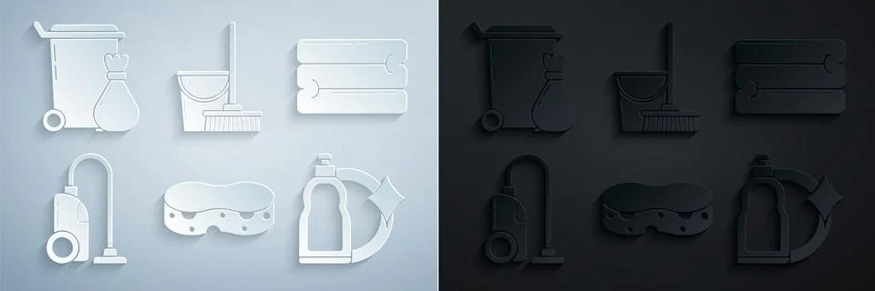 Set Sponge, Towel stack, Vacuum cleaner, Plastic bottles for liquid dishwashing 库存插图