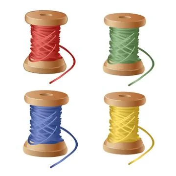 Set of spool of cartoon colorful thread. Equipment sewing workshop isolated on Stock Illustration