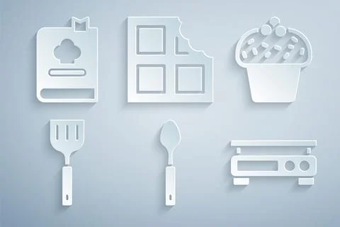 Set Spoon, Cake, Spatula, Electronic scales, Chocolate bar and Cookbook icon Illustrazione stock