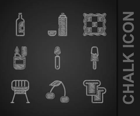 Set Spoon, Cherry, Bread toast, Ice cream, Barbecue grill, Lighter, Checkered Illustrazione stock