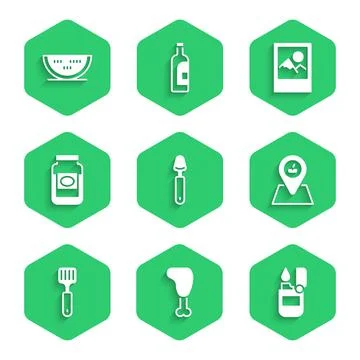 Set Spoon, Chicken leg, Lighter, Picnic location, Spatula, Jam jar, Photo frame Stock-Illustration