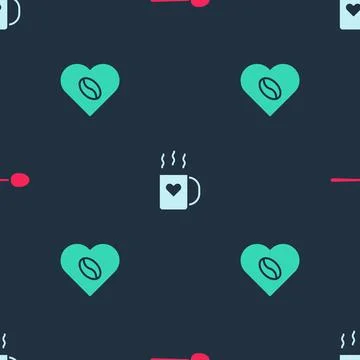 Set Spoon, Coffee cup and heart and Lovers on seamless pattern. Vector 스톡 일러스트