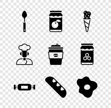 Set Spoon, Jam jar, Ice cream in waffle cone, Candy, French baguette bread Stock Illustration