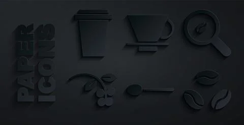 Set Spoon, Selection coffee beans, Coffee bean, branch, V60 maker and cup t.. Stock Illustration