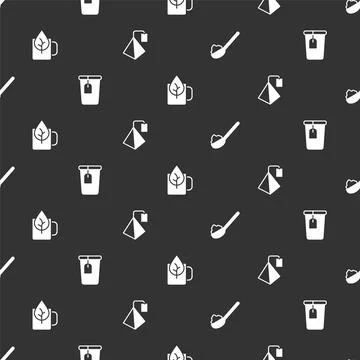 Set Spoon with sugar, Cup tea bag, of leaf and Tea on seamless pattern. Vector Illustrazione stock