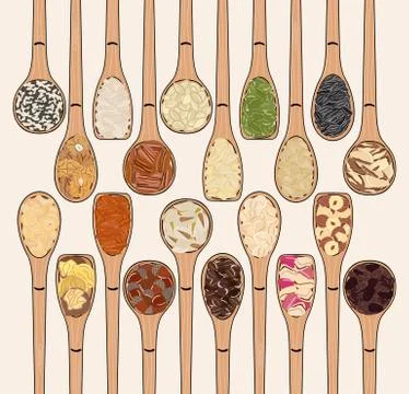 Set of spoons with nuts and seeds. Top view. Stock Illustration