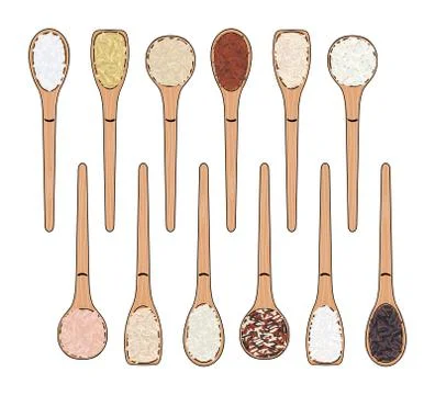 Set of spoons with rice. Top view. Stock Illustration
