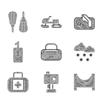 Set Sport bag, Action camera, Skate park, Cloud with snow, First aid kit Ilustração Stock