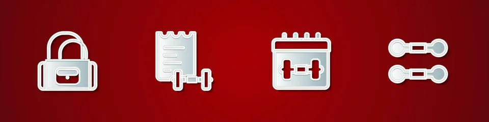 Set Sport bag, training program, Calendar fitness and Dumbbell icon. Vector Illustrazione stock