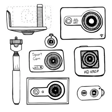 Set the sport camera, action camera isolated on white background. Stock Illustration