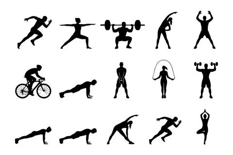 Set of Sport Exercise Silhouettes Featuring People Working Out in White Bac.. Illustrazione stock