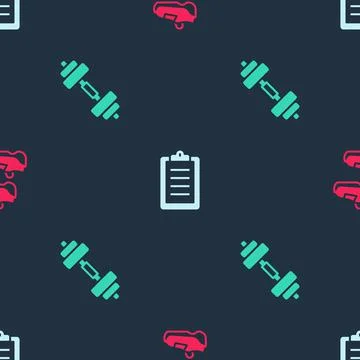 Set Sport sneakers, training program and Dumbbell on seamless pattern. Vector イラスト素材