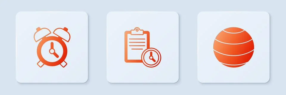 Set Sport training program, Alarm clock and Fitness ball. White square butt.. Stock Illustration
