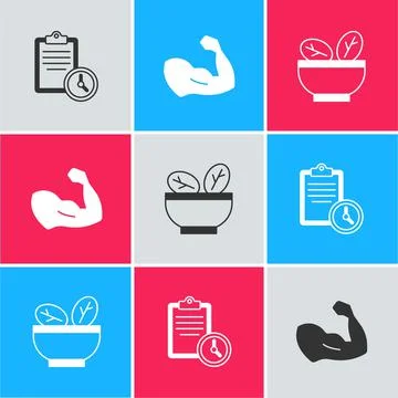 Set Sport training program, Bodybuilder muscle and Salad bowl icon. Vector Stock Illustration