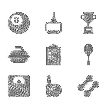 Set Sport training program, Bowling pin and ball, Dumbbell, Tennis racket Stockillustratie