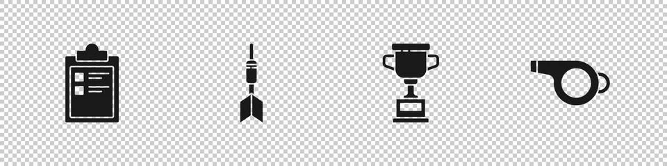 Set Sport training program, Dart arrow, Award cup and Whistle icon. Vector Stock Illustration